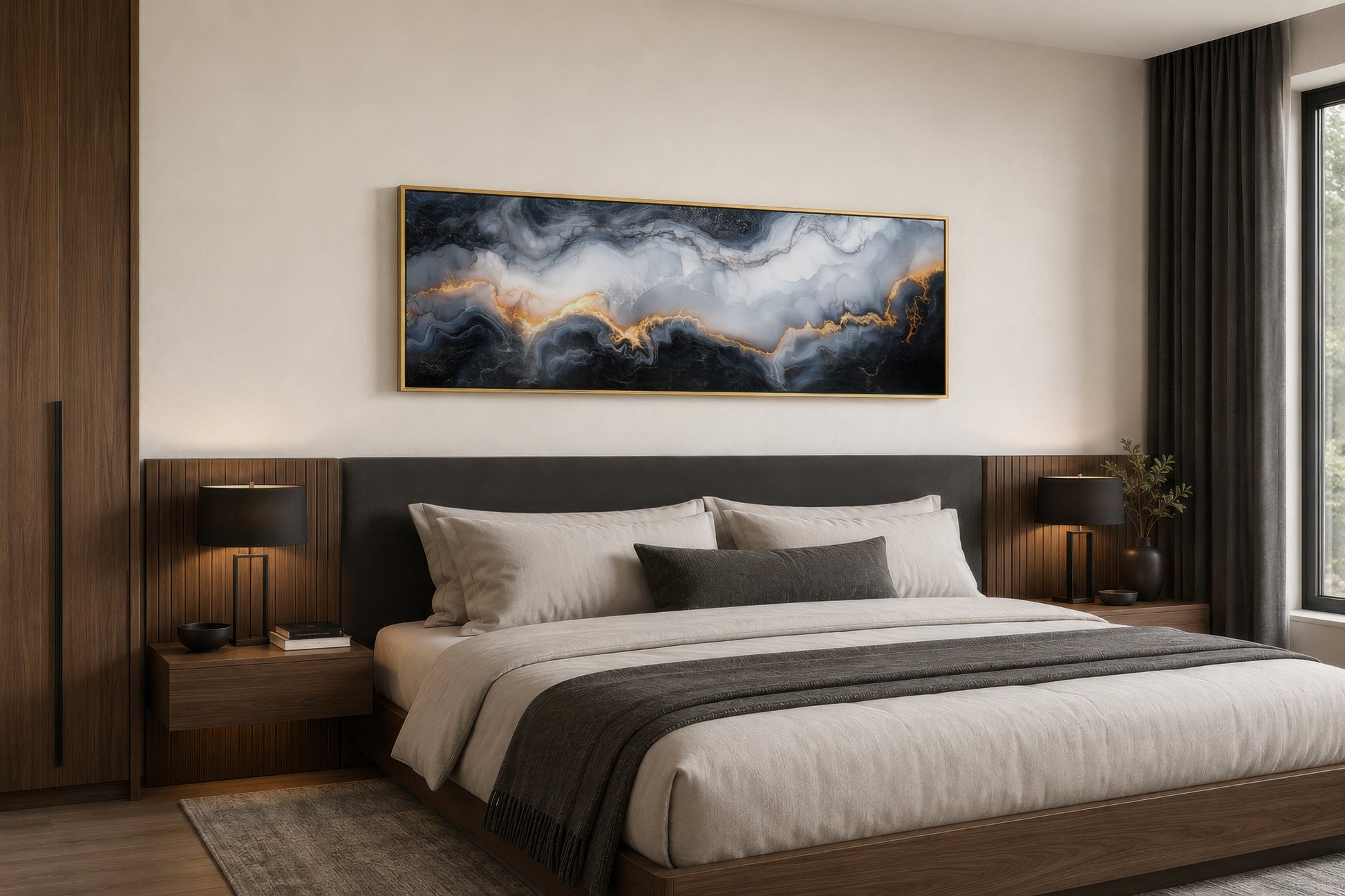 Black White Gold Marble Painting Long Thin Horizontal Framed Canvas Wall Art
