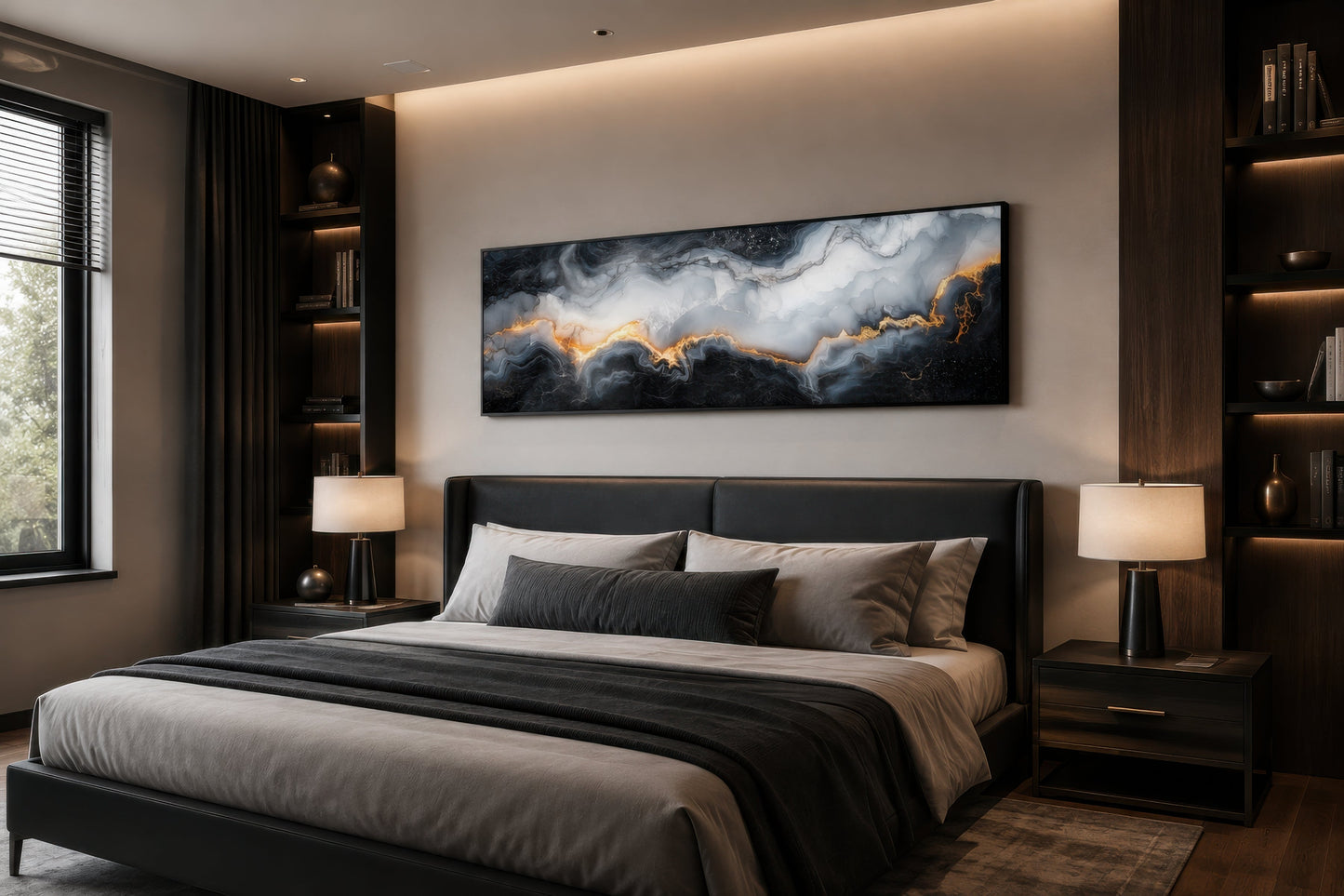 Black White Gold Marble Painting Long Thin Horizontal Framed Canvas Wall Art