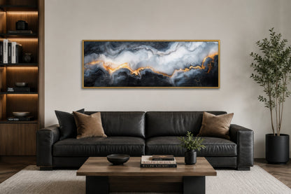 Black White Gold Marble Painting Long Thin Horizontal Framed Canvas Wall Art