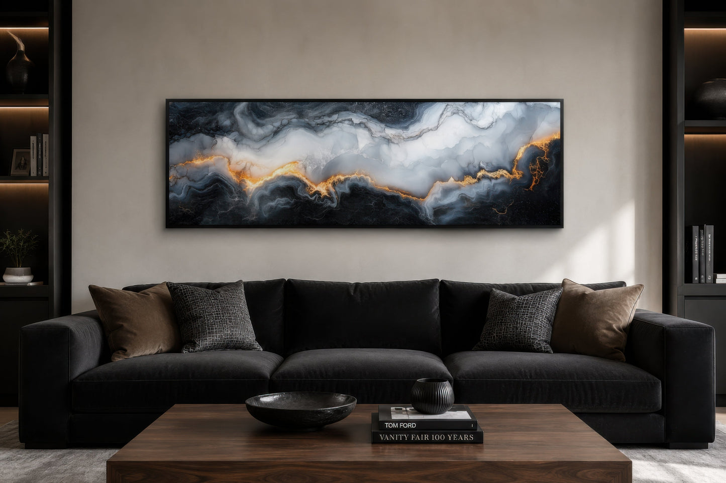 Black White Gold Marble Painting Long Thin Horizontal Framed Canvas Wall Art
