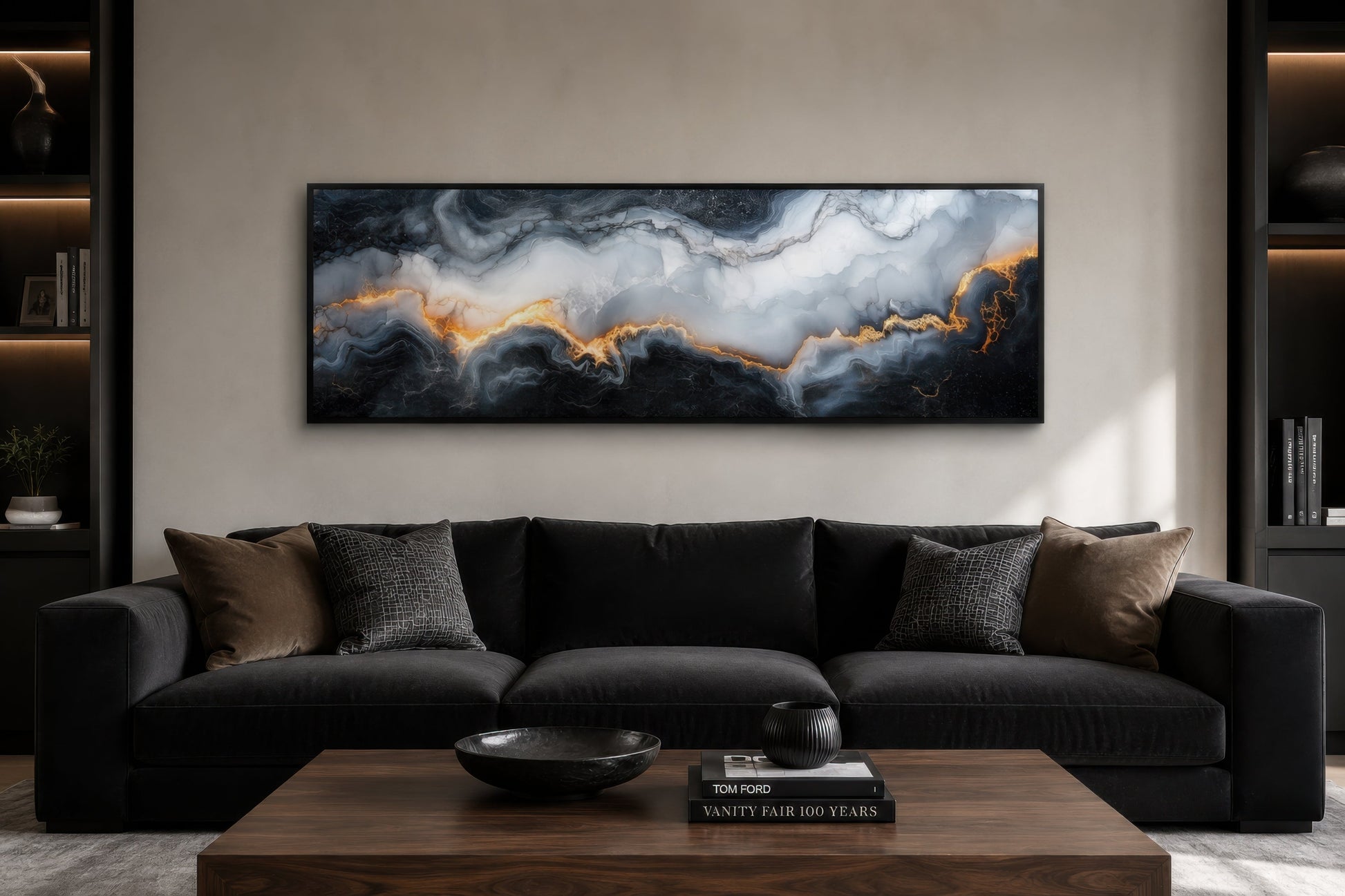 Black White Gold Marble Painting Long Thin Horizontal Framed Canvas Wall Art