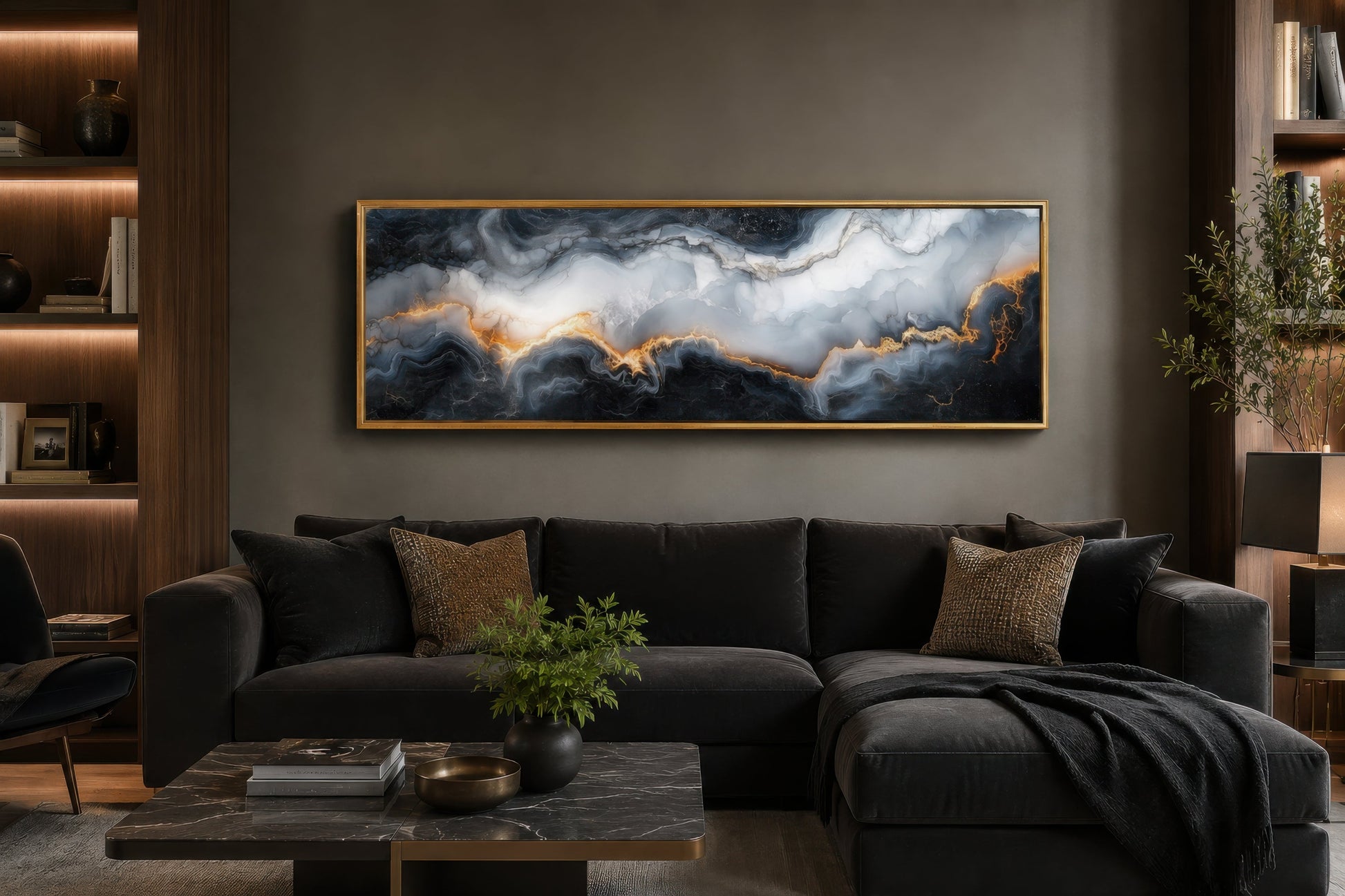 Black White Gold Marble Painting Long Thin Horizontal Framed Canvas Wall Art