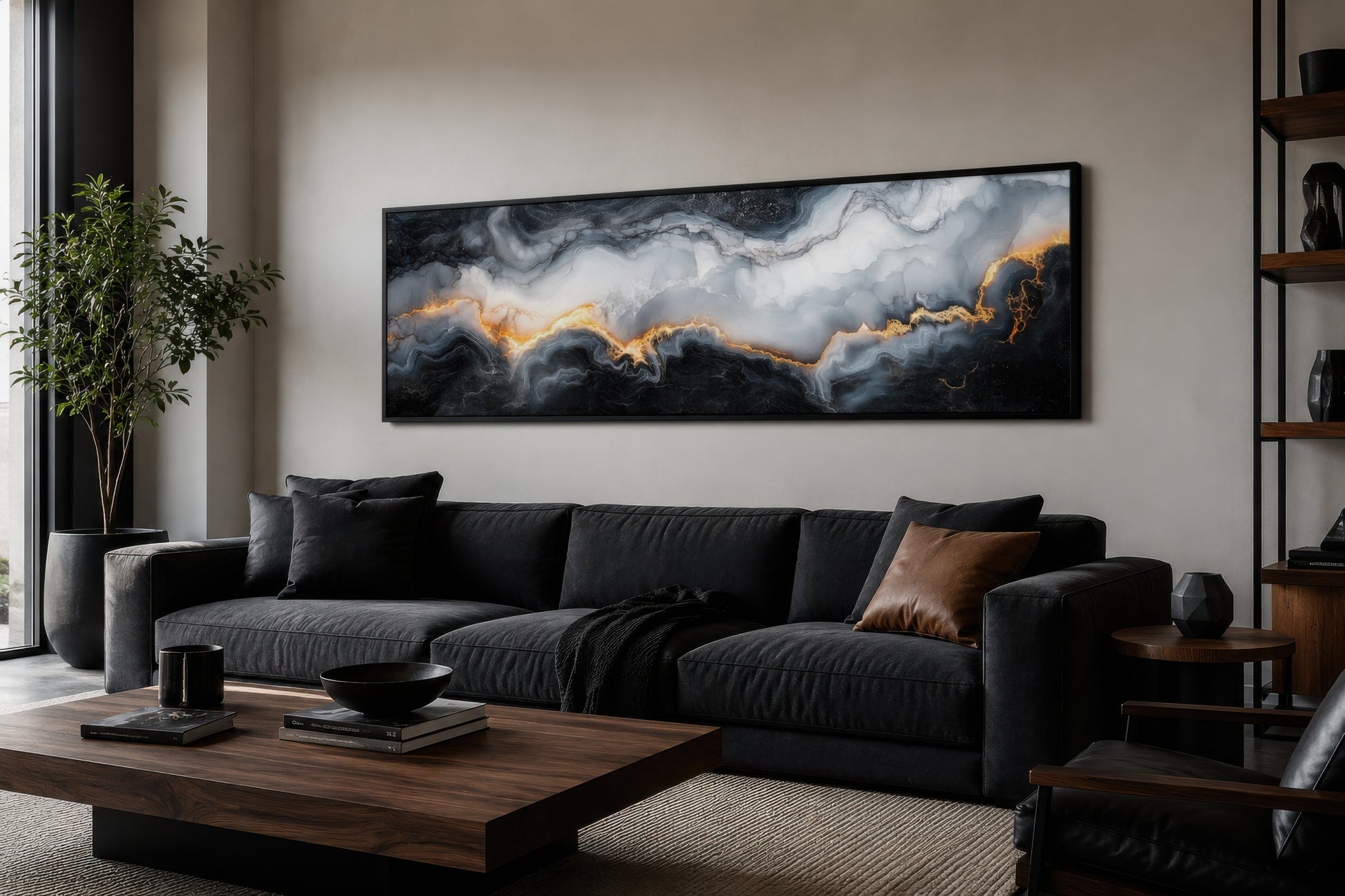 Black White Gold Marble Painting Long Thin Horizontal Framed Canvas Wall Art