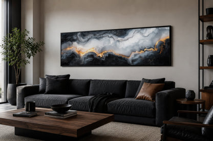 Black White Gold Marble Painting Long Thin Horizontal Framed Canvas Wall Art