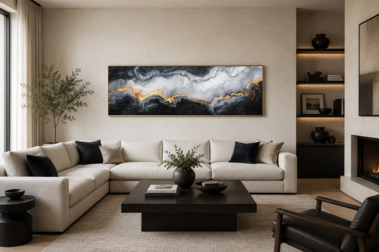 Black White Gold Marble Painting Long Thin Horizontal Framed Canvas Wall Art