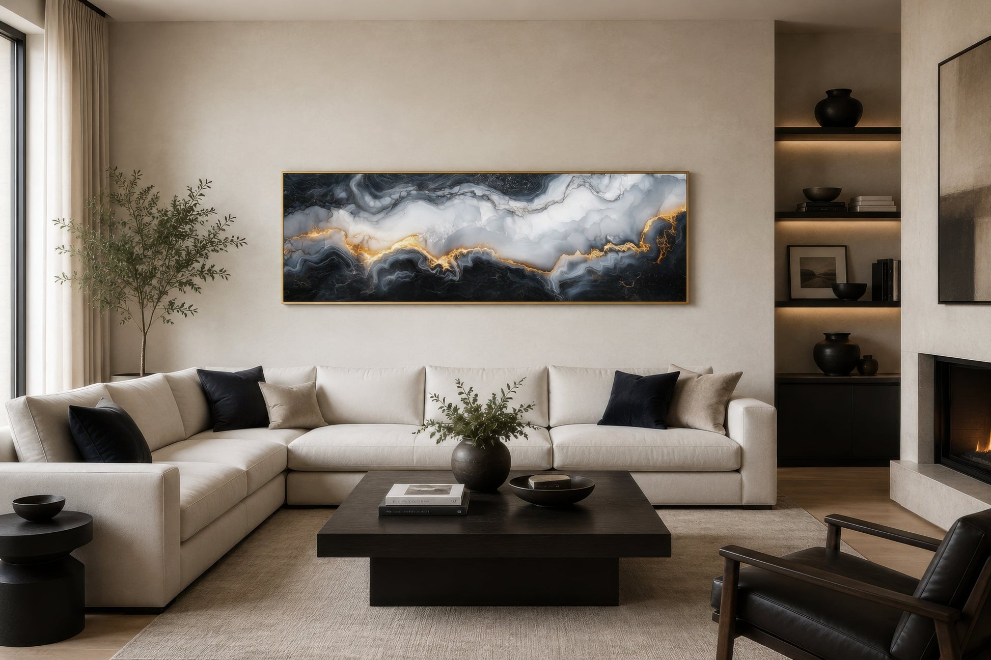 Black White Gold Marble Painting Long Thin Horizontal Framed Canvas Wall Art