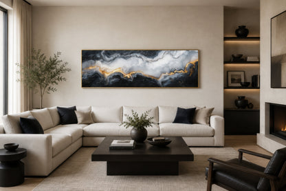 Black White Gold Marble Painting Long Thin Horizontal Framed Canvas Wall Art