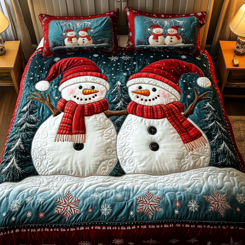 Merry Snowmen 3-Piece Quilted Bedding Set - Single (59" x 70")
