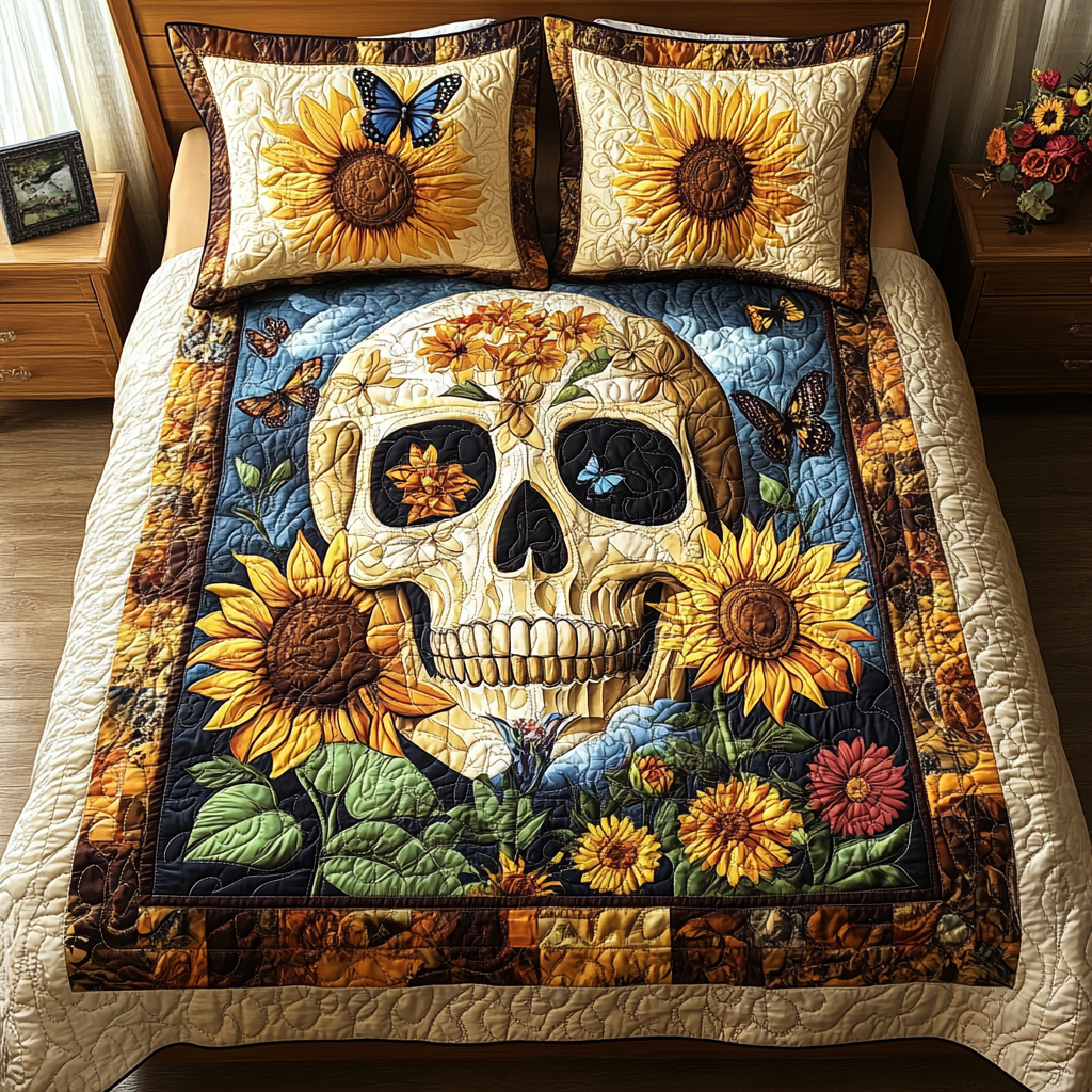 Single (59'' x 70'') /Mexican Skull Art 3-Piece Quilted Bedding Set