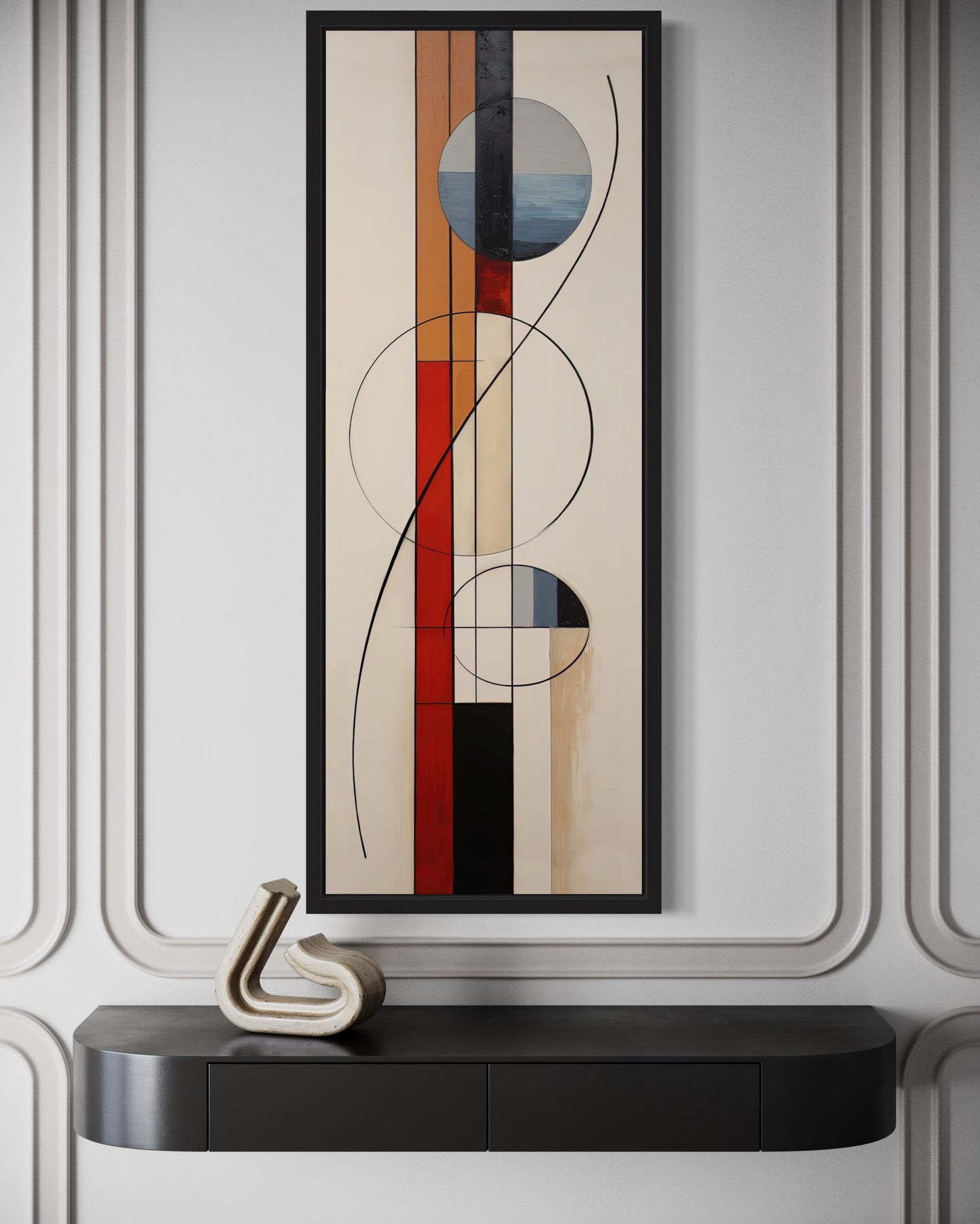 Mid Century Modern Beige Red Blue Geometric Tall Narrow Framed Canvas Wall Art