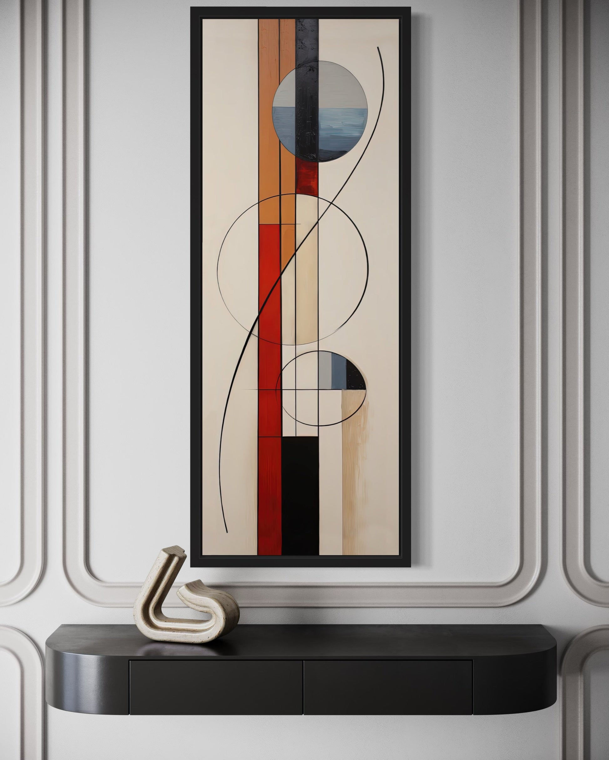 Mid Century Modern Beige Red Blue Geometric Tall Narrow Framed Canvas Wall Art