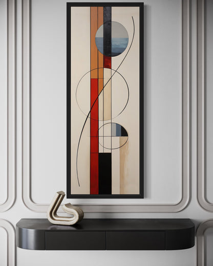 Mid Century Modern Beige Red Blue Geometric Tall Narrow Framed Canvas Wall Art