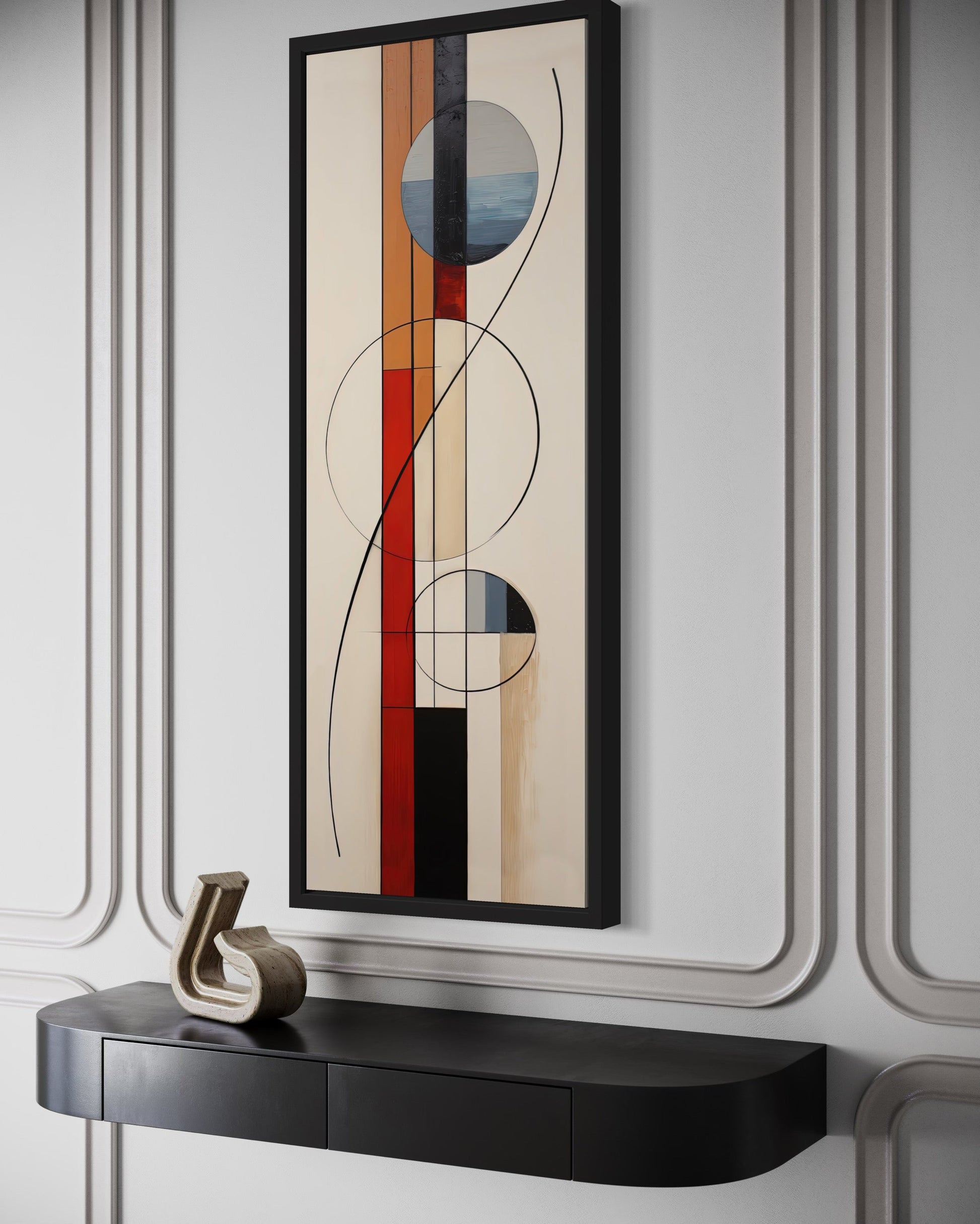 Mid Century Modern Beige Red Blue Geometric Tall Narrow Framed Canvas Wall Art