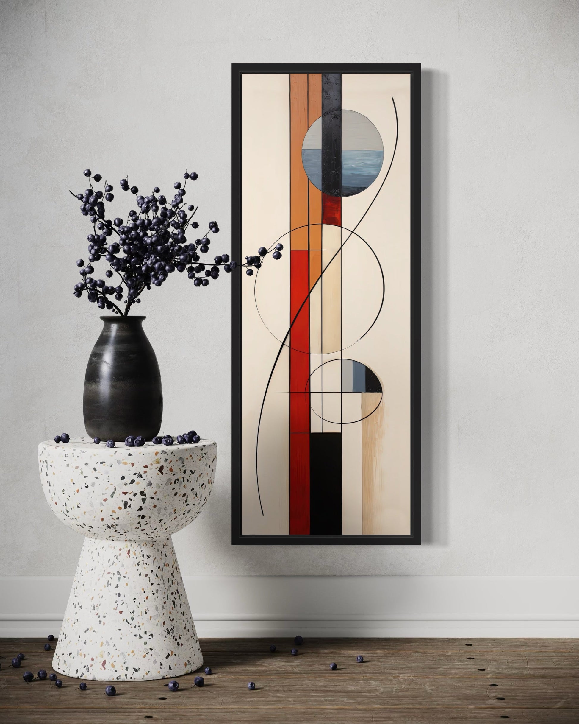 Mid Century Modern Beige Red Blue Geometric Tall Narrow Framed Canvas Wall Art