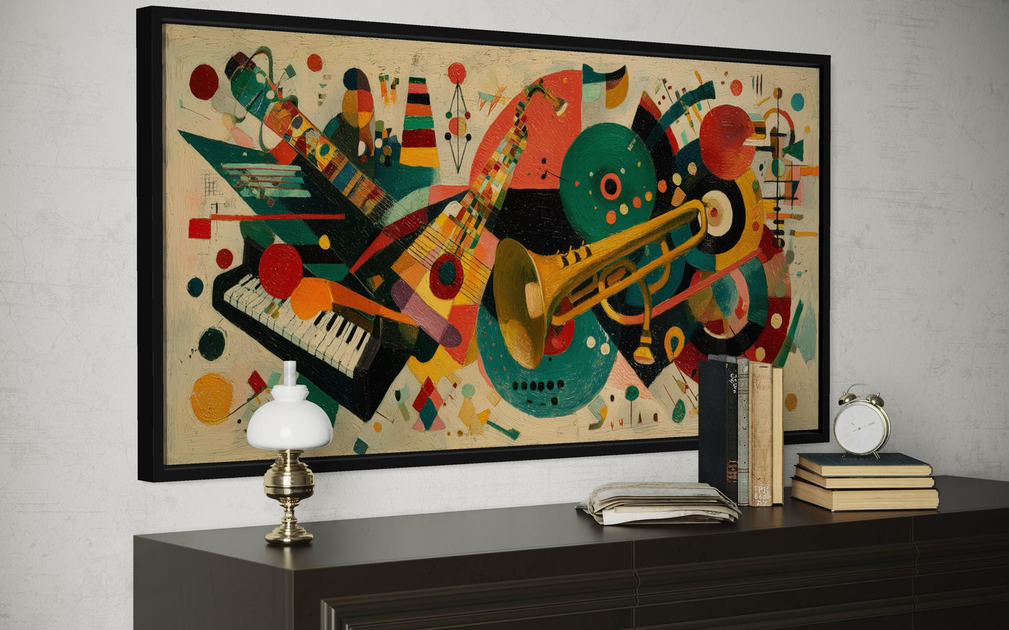 Mid Century Modern Colorful Jazz Instruments Wall Art Canvas Print | Retro Music Decor
