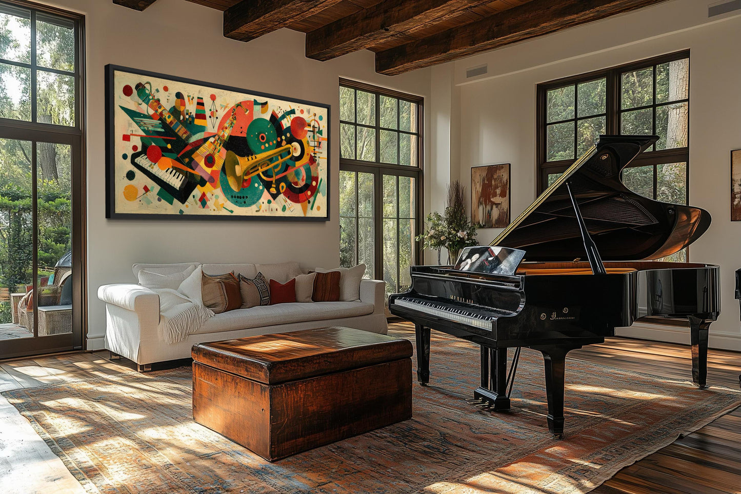 Mid Century Modern Colorful Jazz Instruments Wall Art Canvas Print | Retro Music Decor
