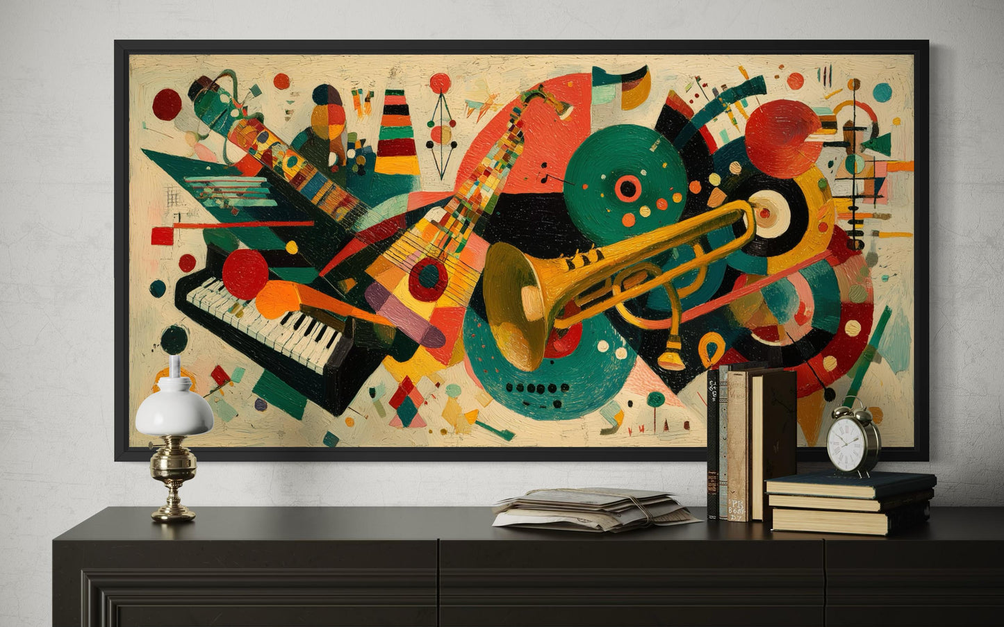 Mid Century Modern Colorful Jazz Instruments Wall Art Canvas Print | Retro Music Decor