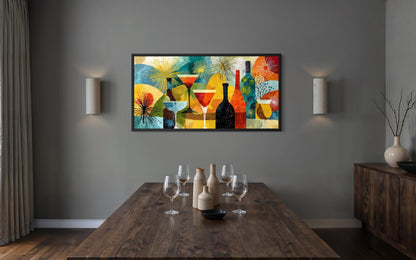 Mid Century Modern Dining Room Wall Art - Retro Cocktail Bar Canvas Print with Martini Glass Painting