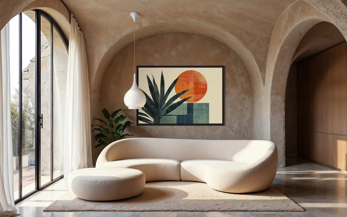 Mid Century Modern Geometric Sun And Palm Leaves Wall Art