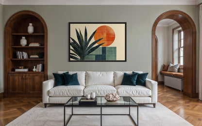 Mid Century Modern Geometric Sun And Palm Leaves Wall Art