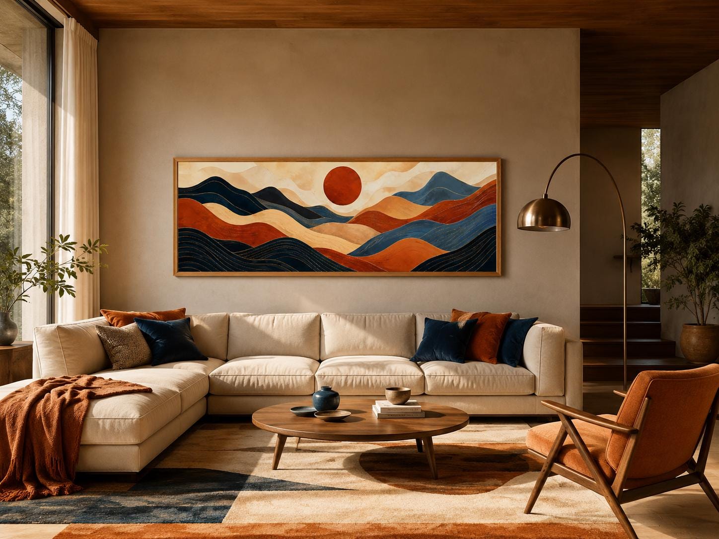 Mid Century Modern Long Horizontal Abstract Burnt Orange Navy Blue Mountain Wall Art