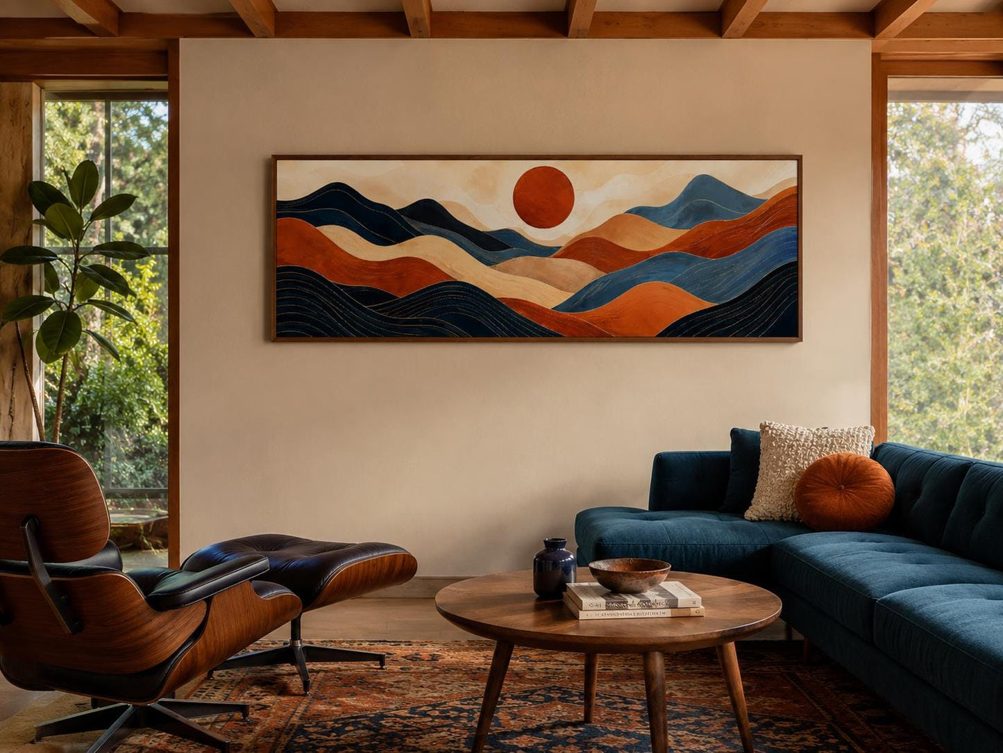 Mid Century Modern Long Horizontal Abstract Burnt Orange Navy Blue Mountain Wall Art