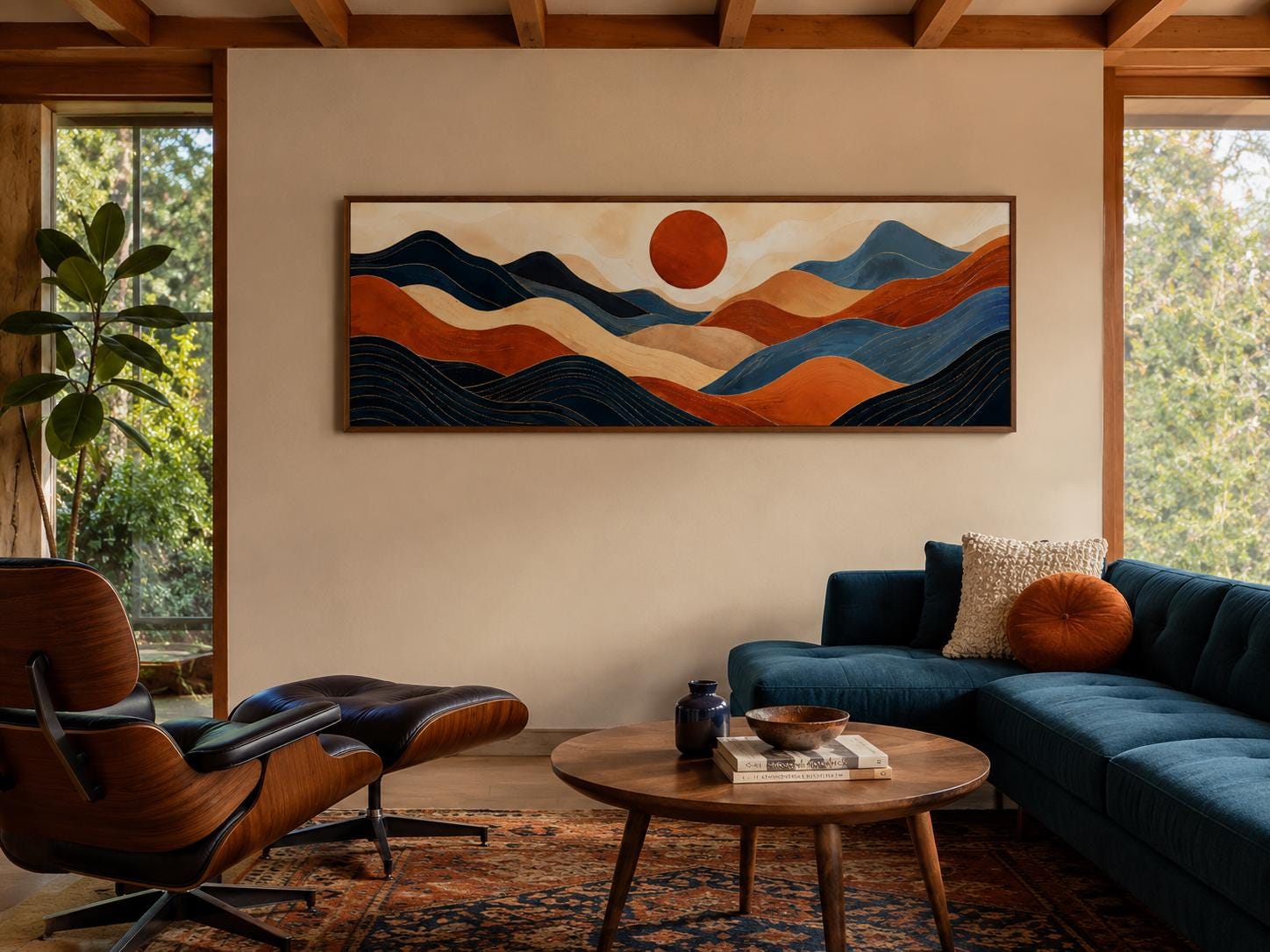 Mid Century Modern Long Horizontal Abstract Burnt Orange Navy Blue Mountain Wall Art