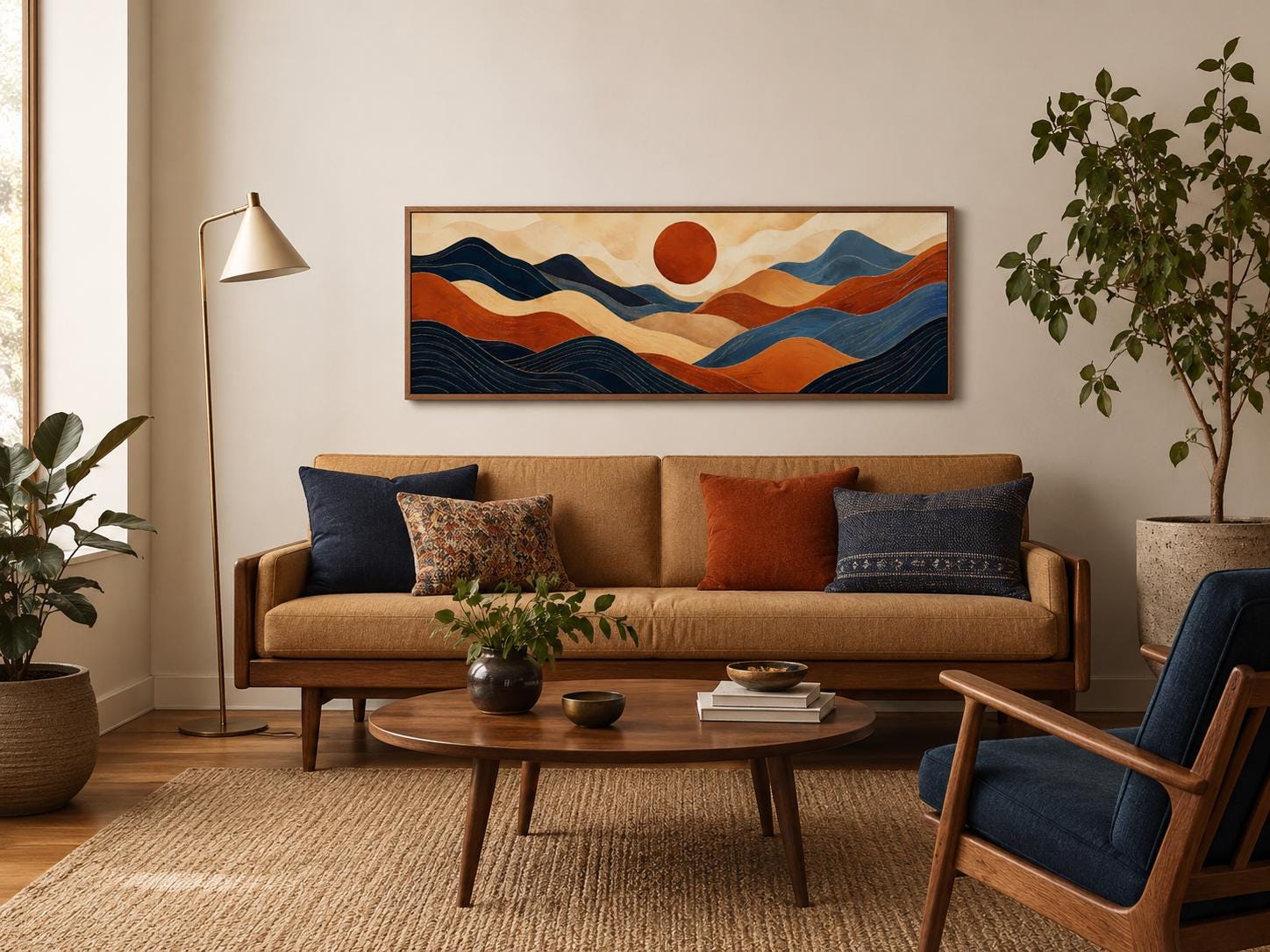 Mid Century Modern Long Horizontal Abstract Burnt Orange Navy Blue Mountain Wall Art