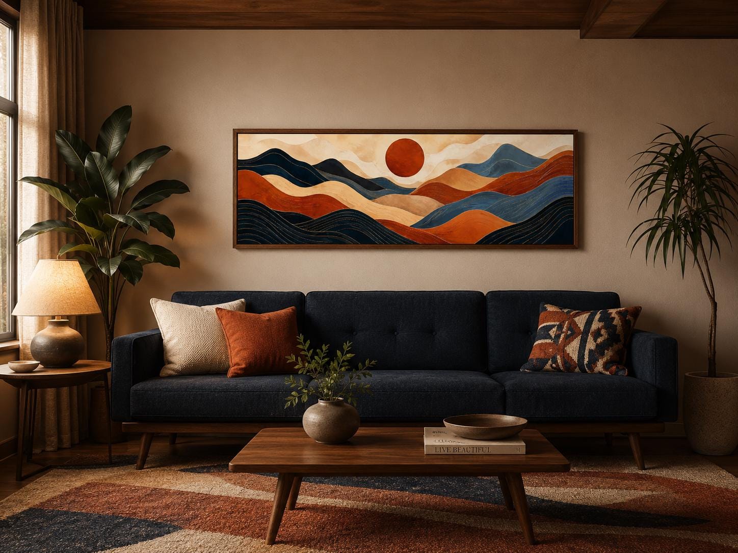 Mid Century Modern Long Horizontal Abstract Burnt Orange Navy Blue Mountain Wall Art
