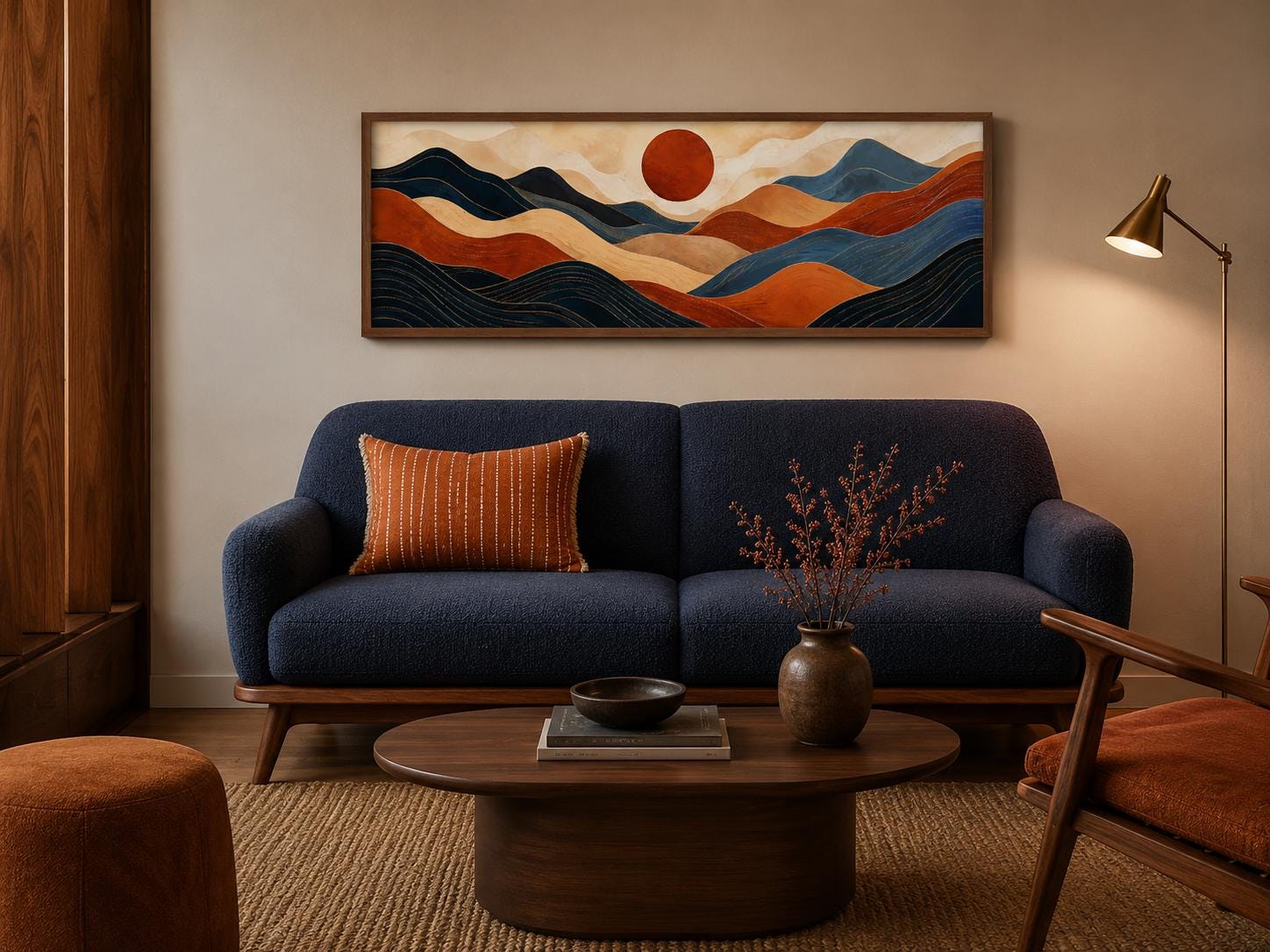 Mid Century Modern Long Horizontal Abstract Burnt Orange Navy Blue Mountain Wall Art