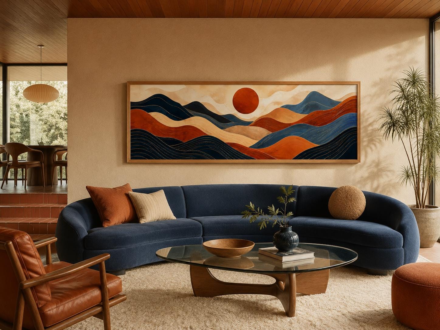 Mid Century Modern Long Horizontal Abstract Burnt Orange Navy Blue Mountain Wall Art