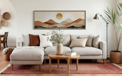 Mid Century Modern Neutral Brown Beige Mountain Sunset Landscape Long Narrow Canvas Wall Art