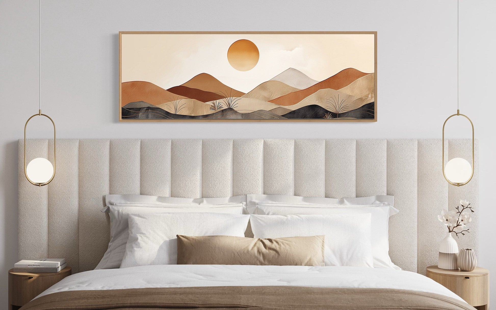Mid Century Modern Neutral Brown Beige Mountain Sunset Landscape Long Narrow Canvas Wall Art