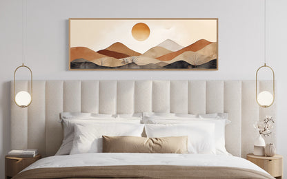 Mid Century Modern Neutral Brown Beige Mountain Sunset Landscape Long Narrow Canvas Wall Art
