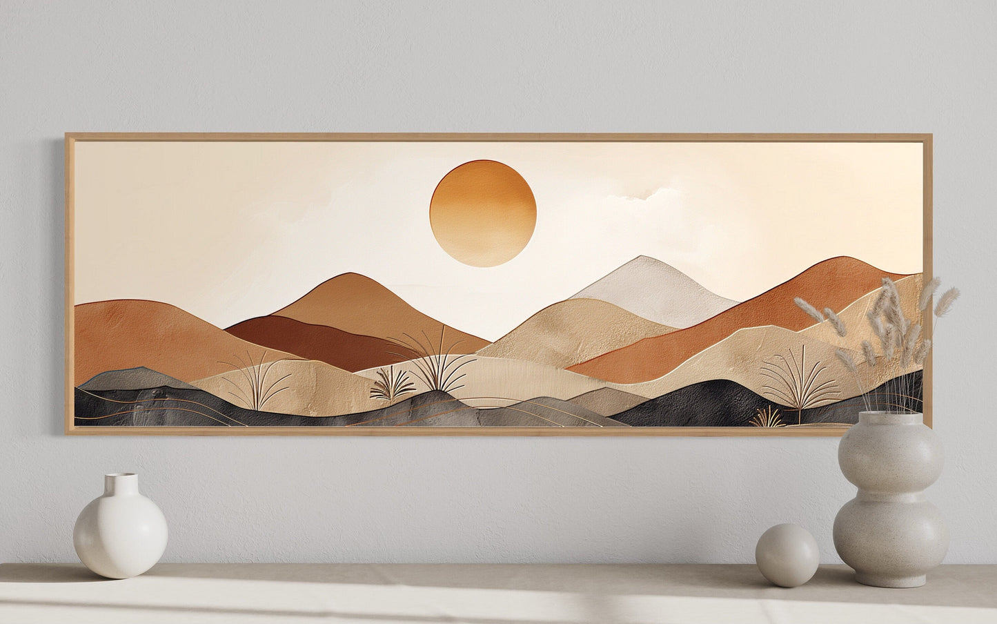 Mid Century Modern Neutral Brown Beige Mountain Sunset Landscape Long Narrow Canvas Wall Art