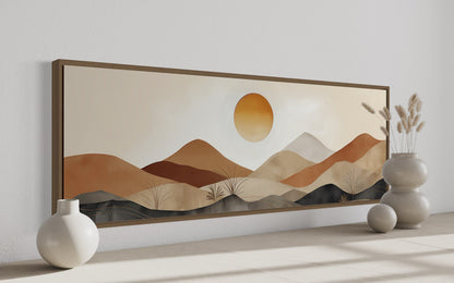 Mid Century Modern Neutral Brown Beige Mountain Sunset Landscape Long Narrow Canvas Wall Art
