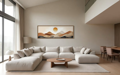 Mid Century Modern Neutral Brown Beige Mountain Sunset Landscape Long Narrow Canvas Wall Art