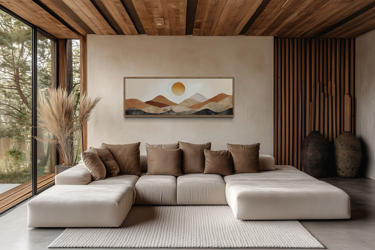 Mid Century Modern Neutral Brown Beige Mountain Sunset Landscape Long Narrow Canvas Wall Art
