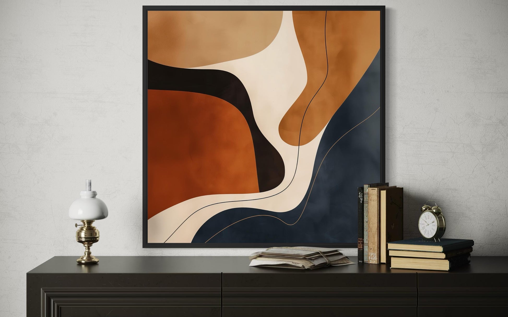 Mid Century Modern Organic Shapes in Navy Earth Tones Abstract Square Canvas Wall Art