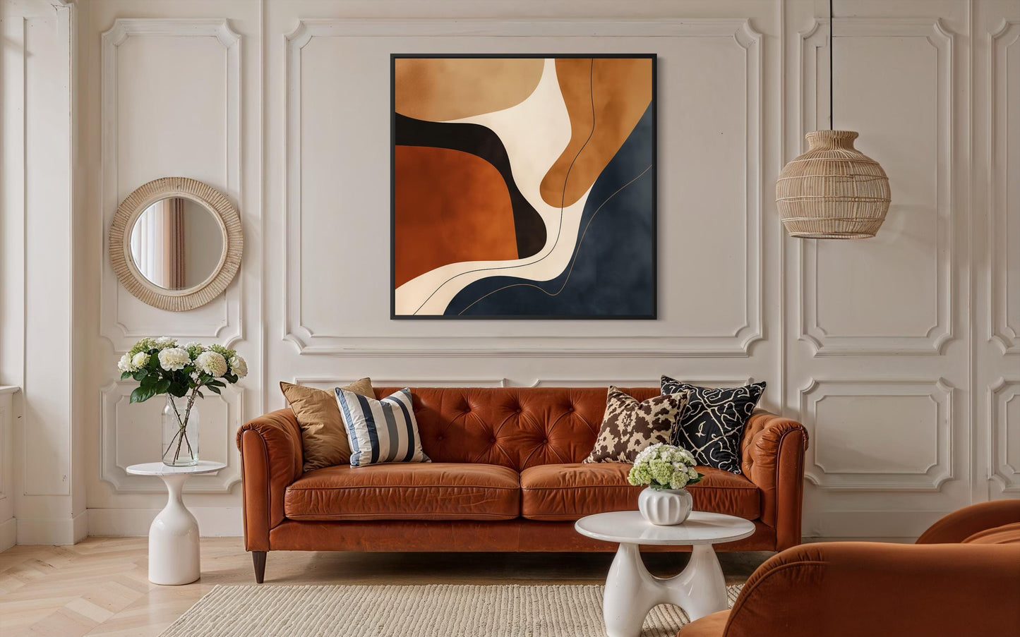Mid Century Modern Organic Shapes in Navy Earth Tones Abstract Square Canvas Wall Art