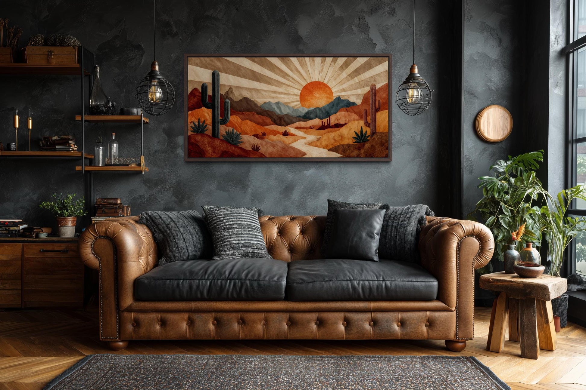 Mid Century Modern Wall Art | Desert Landscape Print - Retro Sunset Canvas in Warm Earth Tones
