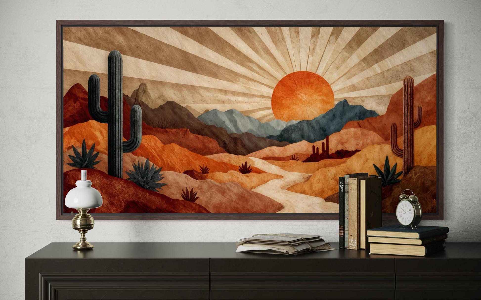 Mid Century Modern Wall Art | Desert Landscape Print - Retro Sunset Canvas in Warm Earth Tones