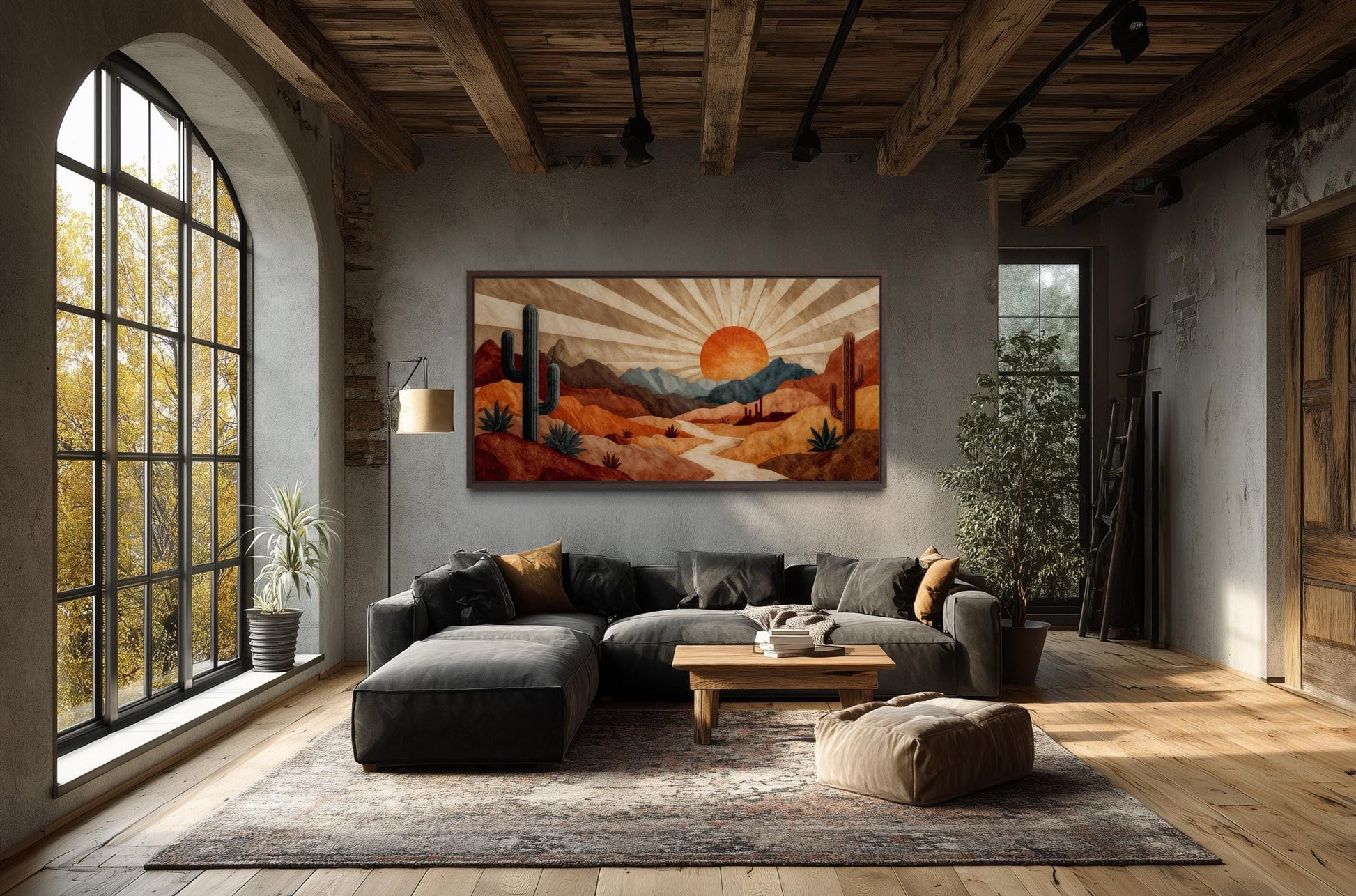 Mid Century Modern Wall Art | Desert Landscape Print - Retro Sunset Canvas in Warm Earth Tones