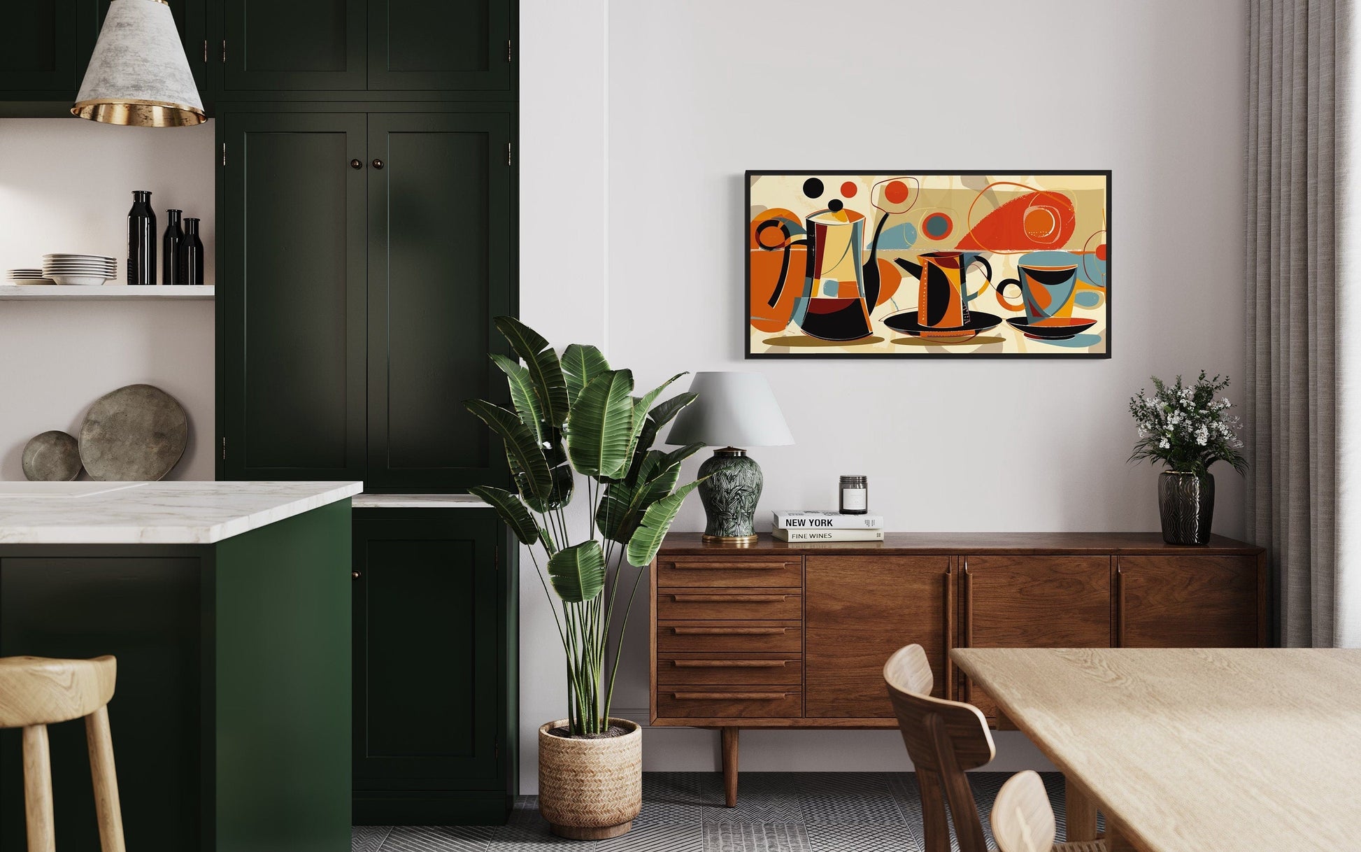 Mid Century Modern Wall Art – Framed Coffee Pot Painting | Retro Kitchen Decor Canvas