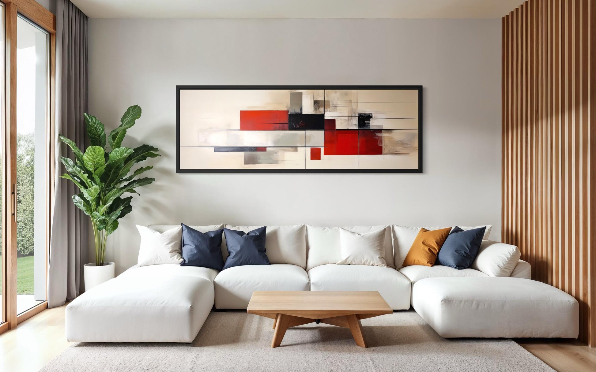 Mid Century Modern Wall Art - Large Abstract Canvas Print | Red Beige Black Geometric Decor