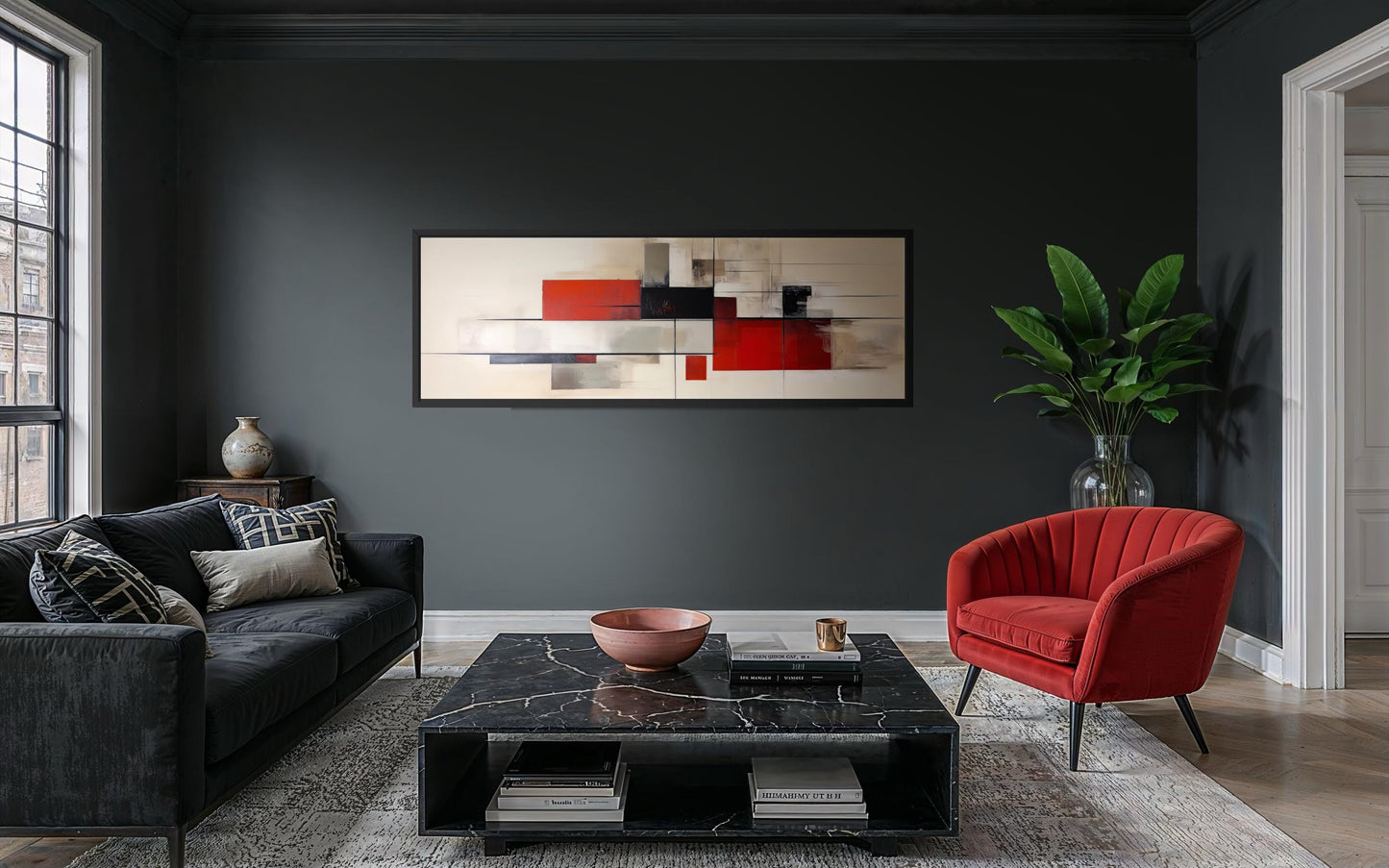 Mid Century Modern Wall Art - Large Abstract Canvas Print | Red Beige Black Geometric Decor