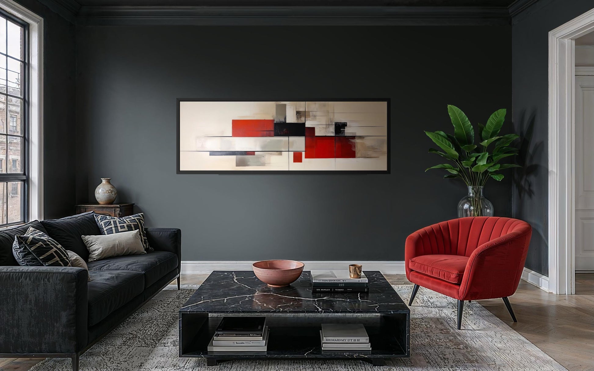 Mid Century Modern Wall Art - Large Abstract Canvas Print | Red Beige Black Geometric Decor