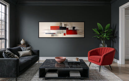 Mid Century Modern Wall Art - Large Abstract Canvas Print | Red Beige Black Geometric Decor