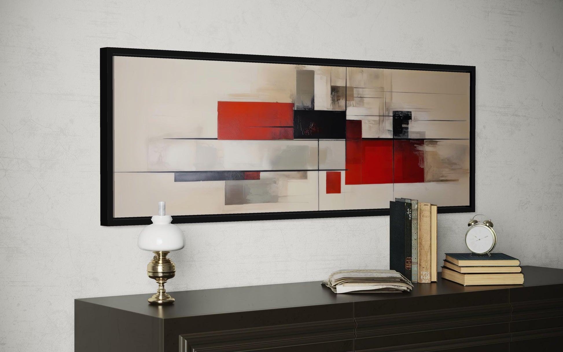 Mid Century Modern Wall Art - Large Abstract Canvas Print | Red Beige Black Geometric Decor