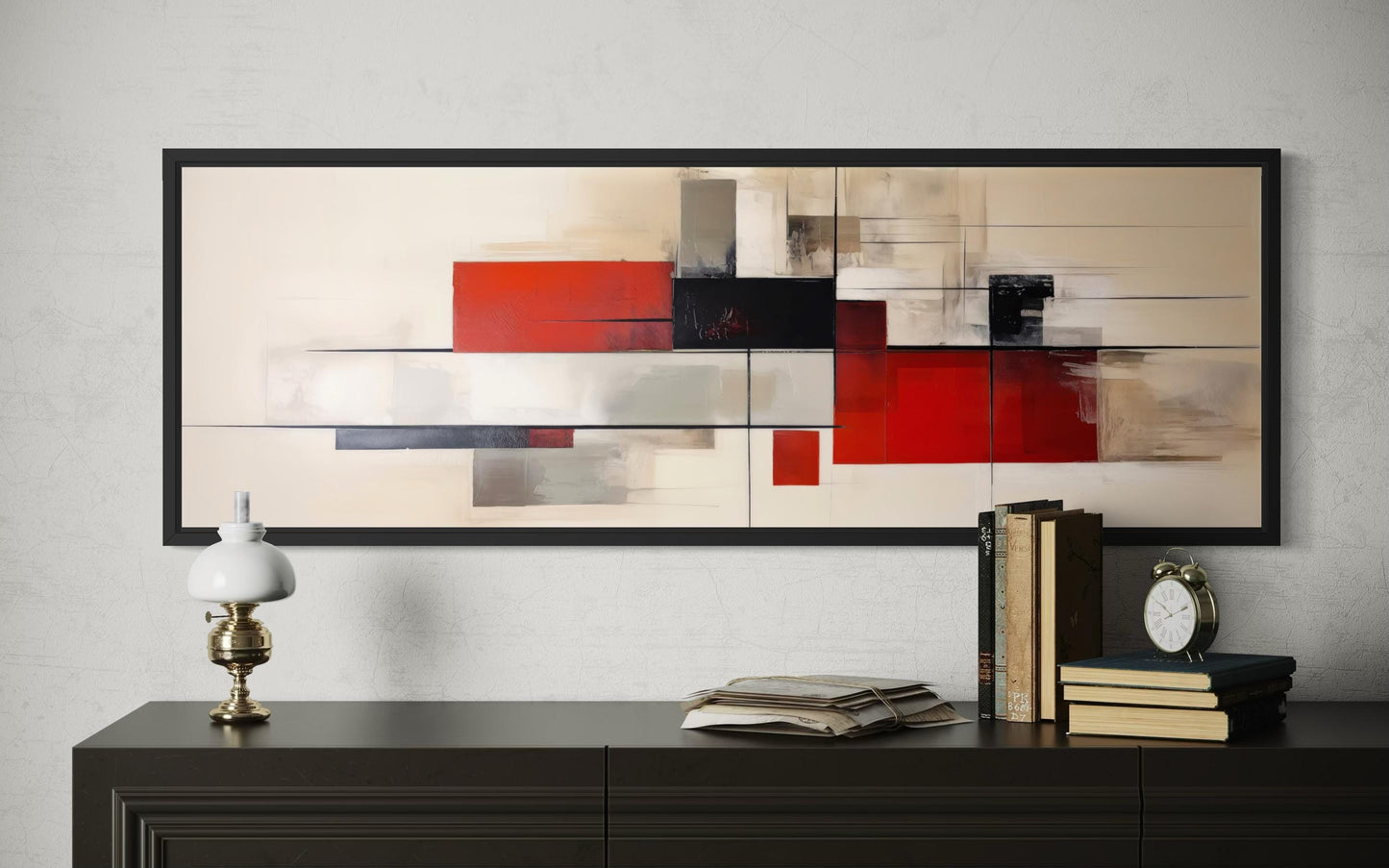 Mid Century Modern Wall Art - Large Abstract Canvas Print | Red Beige Black Geometric Decor